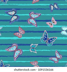 Abstract seamless pattern with flying butterflies on a background of colored stripes. The quadrangular texture of the summer. Vector illustration. Suitable for fabric, wallpaper, packaging.