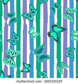 Abstract seamless pattern with flying butterflies on a background of colored stripes. The quadrangular texture of the summer. Vector illustration. Suitable for fabric, wallpaper, packaging.