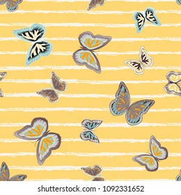 Abstract seamless pattern with flying butterflies on a background of colored stripes. The quadrangular texture of the summer. Vector illustration. Suitable for fabric, wallpaper, packaging.