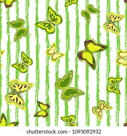 Abstract seamless pattern with flying butterflies on a background of colored stripes. The quadrangular texture of the summer. Vector illustration. Suitable for fabric, wallpaper, packaging.