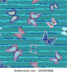 Abstract seamless pattern with flying butterflies on a background of colored stripes. The quadrangular texture of the summer. Vector illustration. Suitable for fabric, wallpaper, packaging.
