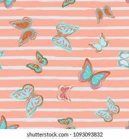 Abstract seamless pattern with flying butterflies on a background of colored stripes. The quadrangular texture of the summer. Vector illustration. Suitable for fabric, wallpaper, packaging.