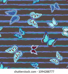 Abstract seamless pattern with flying butterflies on a background of colored stripes. The quadrangular texture of the summer. Vector illustration. Suitable for fabric, wallpaper, packaging.