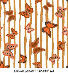 Abstract seamless pattern with flying butterflies on a background of colored stripes. The quadrangular texture of the summer. Vector illustration. Suitable for fabric, wallpaper, packaging.