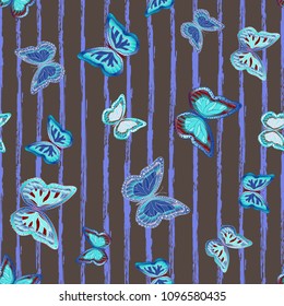 Abstract seamless pattern with flying butterflies on a background of colored stripes. The quadrangular texture of the summer. Vector illustration. Suitable for fabric, wallpaper, packaging.