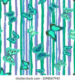 Abstract seamless pattern with flying butterflies on a background of colored stripes. The quadrangular texture of the summer. Vector illustration. Suitable for fabric, wallpaper, packaging.