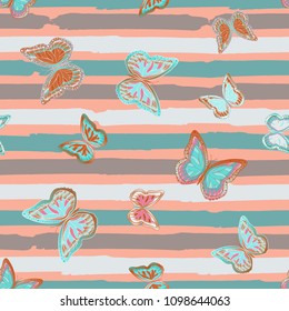 Abstract seamless pattern with flying butterflies on a background of colored stripes. The quadrangular texture of the summer. Vector illustration. Suitable for fabric, wallpaper, packaging.