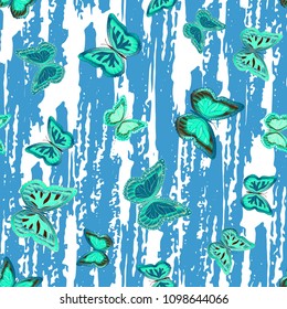 Abstract seamless pattern with flying butterflies on a background of colored stripes. The quadrangular texture of the summer. Vector illustration. Suitable for fabric, wallpaper, packaging.