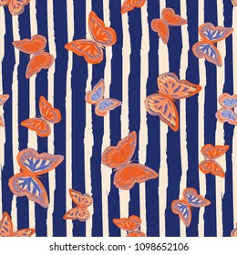 Abstract seamless pattern with flying butterflies on a background of colored stripes. The quadrangular texture of the summer. Vector illustration. Suitable for fabric, wallpaper, packaging.