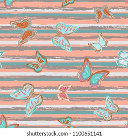 Abstract seamless pattern with flying butterflies on a background of colored stripes. The quadrangular texture of the summer. Vector illustration. Suitable for fabric, wallpaper, packaging.