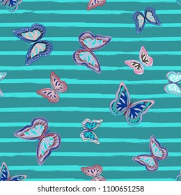 Abstract seamless pattern with flying butterflies on a background of colored stripes. The quadrangular texture of the summer. Vector illustration. Suitable for fabric, wallpaper, packaging.