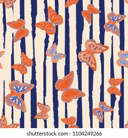 Abstract seamless pattern with flying butterflies on a background of colored stripes. The quadrangular texture of the summer. Vector illustration. Suitable for fabric, wallpaper, packaging.
