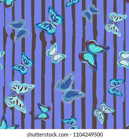 Abstract seamless pattern with flying butterflies on a background of colored stripes. The quadrangular texture of the summer. Vector illustration. Suitable for fabric, wallpaper, packaging.