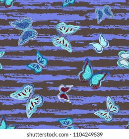 Abstract seamless pattern with flying butterflies on a background of colored stripes. The quadrangular texture of the summer. Vector illustration. Suitable for fabric, wallpaper, packaging.