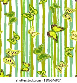 Abstract seamless pattern with flying butterflies on a background of colored stripes. The quadrangular texture of the summer. Vector illustration. Suitable for fabric, wallpaper, packaging.