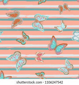 Abstract seamless pattern with flying butterflies on a background of colored stripes. The quadrangular texture of the summer. Vector illustration. Suitable for fabric, wallpaper, packaging.