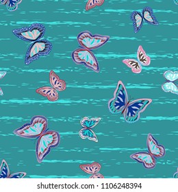 Abstract seamless pattern with flying butterflies on a background of colored stripes. The quadrangular texture of the summer. Vector illustration. Suitable for fabric, wallpaper, packaging.