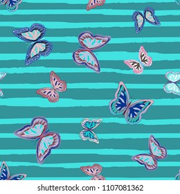 Abstract seamless pattern with flying butterflies on a background of colored stripes. The quadrangular texture of the summer. Vector illustration. Suitable for fabric, wallpaper, packaging.
