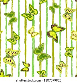 Abstract seamless pattern with flying butterflies on a background of colored stripes. The quadrangular texture of the summer. Vector illustration. Suitable for fabric, wallpaper, packaging.