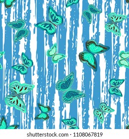 Abstract seamless pattern with flying butterflies on a background of colored stripes. The quadrangular texture of the summer. Vector illustration. Suitable for fabric, wallpaper, packaging.