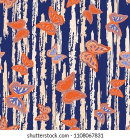 Abstract seamless pattern with flying butterflies on a background of colored stripes. The quadrangular texture of the summer. Vector illustration. Suitable for fabric, wallpaper, packaging.