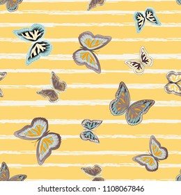 Abstract seamless pattern with flying butterflies on a background of colored stripes. The quadrangular texture of the summer. Vector illustration. Suitable for fabric, wallpaper, packaging.