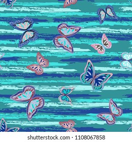 Abstract seamless pattern with flying butterflies on a background of colored stripes. The quadrangular texture of the summer. Vector illustration. Suitable for fabric, wallpaper, packaging.