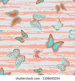 Abstract seamless pattern with flying butterflies on a background of colored stripes. The quadrangular texture of the summer. Vector illustration. Suitable for fabric, wallpaper, packaging.
