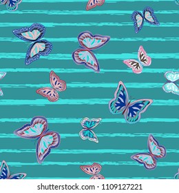 Abstract seamless pattern with flying butterflies on a background of colored stripes. The quadrangular texture of the summer. Vector illustration. Suitable for fabric, wallpaper, packaging.