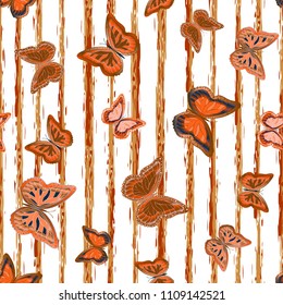 Abstract seamless pattern with flying butterflies on a background of colored stripes. The quadrangular texture of the summer. Vector illustration. Suitable for fabric, wallpaper, packaging.