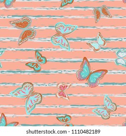 Abstract seamless pattern with flying butterflies on a background of colored stripes. The quadrangular texture of the summer. Vector illustration. Suitable for fabric, wallpaper, packaging.