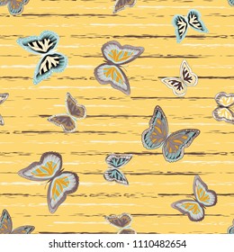 Abstract seamless pattern with flying butterflies on a background of colored stripes. The quadrangular texture of the summer. Vector illustration. Suitable for fabric, wallpaper, packaging.