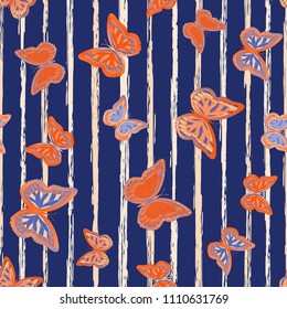 Abstract seamless pattern with flying butterflies on a background of colored stripes. The quadrangular texture of the summer. Vector illustration. Suitable for fabric, wallpaper, packaging.