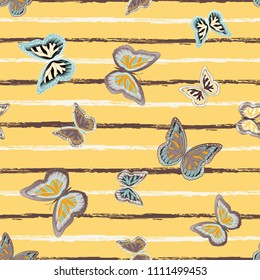 Abstract seamless pattern with flying butterflies on a background of colored stripes. The quadrangular texture of the summer. Vector illustration. Suitable for fabric, wallpaper, packaging.