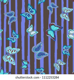 Abstract seamless pattern with flying butterflies on a background of colored stripes. The quadrangular texture of the summer. Vector illustration. Suitable for fabric, wallpaper, packaging.