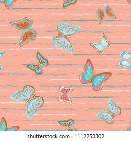 Abstract seamless pattern with flying butterflies on a background of colored stripes. The quadrangular texture of the summer. Vector illustration. Suitable for fabric, wallpaper, packaging.