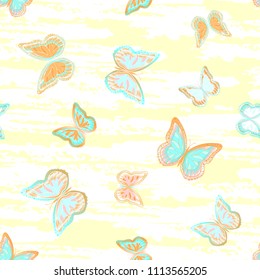 Abstract seamless pattern with flying butterflies on a background of colored stripes. The quadrangular texture of the summer. Vector illustration. Suitable for fabric, wallpaper, packaging.