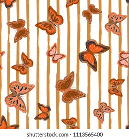 Abstract seamless pattern with flying butterflies on a background of colored stripes. The quadrangular texture of the summer. Vector illustration. Suitable for fabric, wallpaper, packaging.
