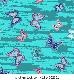 Abstract seamless pattern with flying butterflies on a background of colored stripes. The quadrangular texture of the summer. Vector illustration. Suitable for fabric, wallpaper, packaging.
