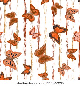 Abstract seamless pattern with flying butterflies on a background of colored stripes. The quadrangular texture of the summer. Vector illustration. Suitable for fabric, wallpaper, packaging.