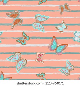 Abstract seamless pattern with flying butterflies on a background of colored stripes. The quadrangular texture of the summer. Vector illustration. Suitable for fabric, wallpaper, packaging.