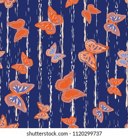 Abstract seamless pattern with flying butterflies on a background of colored stripes. The quadrangular texture of the summer. Vector illustration. Suitable for fabric, wallpaper, packaging.