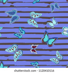 Abstract seamless pattern with flying butterflies on a background of colored stripes. The quadrangular texture of the summer. Vector illustration. Suitable for fabric, wallpaper, packaging.
