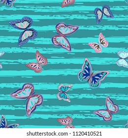 Abstract seamless pattern with flying butterflies on a background of colored stripes. The quadrangular texture of the summer. Vector illustration. Suitable for fabric, wallpaper, packaging.