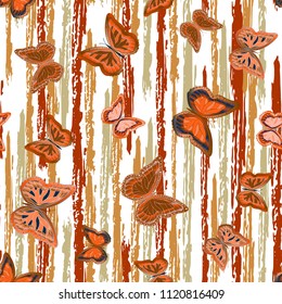 Abstract seamless pattern with flying butterflies on a background of colored stripes. The quadrangular texture of the summer. Vector illustration. Suitable for fabric, wallpaper, packaging.