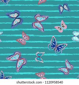 Abstract seamless pattern with flying butterflies on a background of colored stripes. The quadrangular texture of the summer. Vector illustration. Suitable for fabric, wallpaper, packaging.