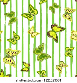 Abstract seamless pattern with flying butterflies on a background of colored stripes. Texture of the summer. Vector illustration. Suitable for fabric, wallpaper, packaging.