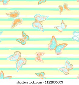 Abstract seamless pattern with flying butterflies on a background of colored stripes. The quadrangular texture of the summer. Vector illustration. Suitable for fabric, wallpaper, packaging.