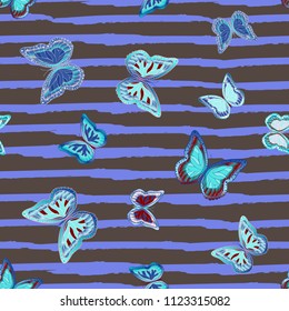 Abstract seamless pattern with flying butterflies on a background of colored stripes. The quadrangular texture of the summer. Vector illustration. Suitable for fabric, wallpaper, packaging.