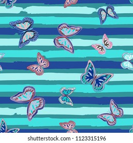 Abstract seamless pattern with flying butterflies on a background of colored stripes. The quadrangular texture of the summer. Vector illustration. Suitable for fabric, wallpaper, packaging.